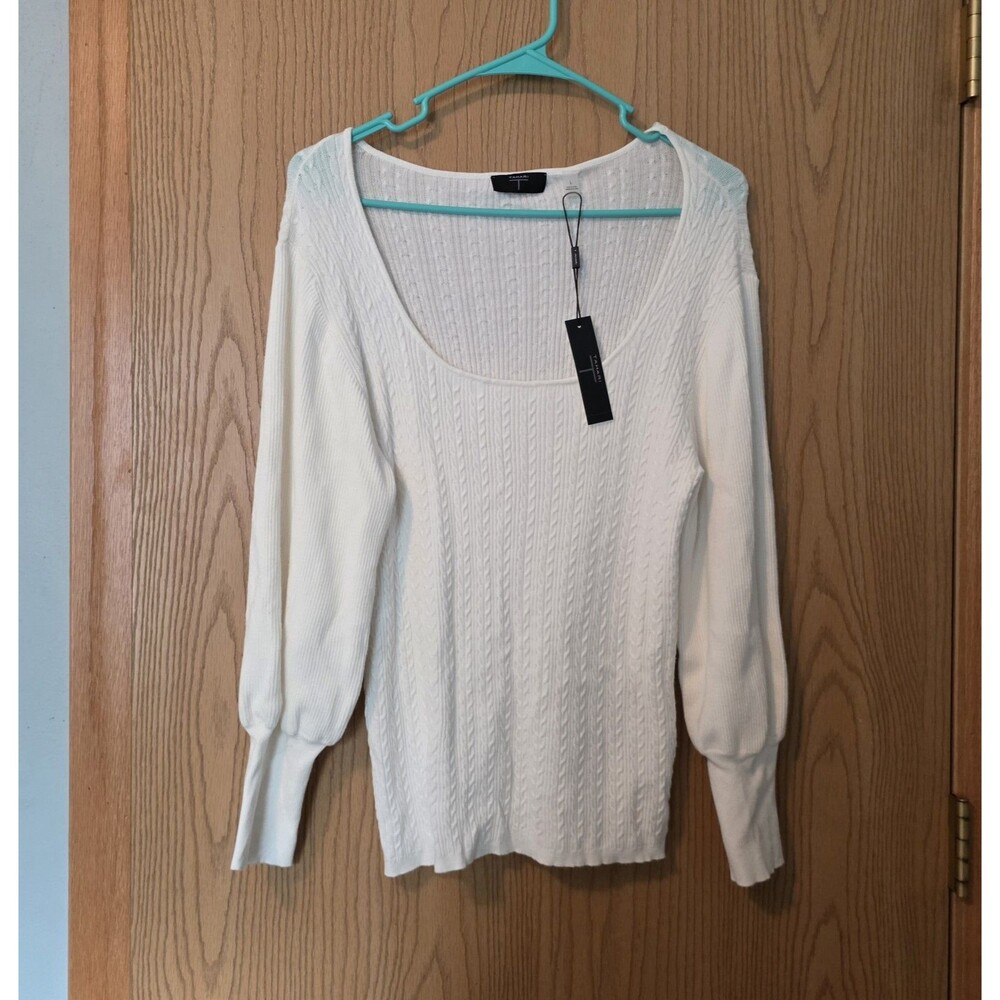 Tahari Sweater Womens Large White Star Long Blouse Sleeve Lightweight Cable Knit